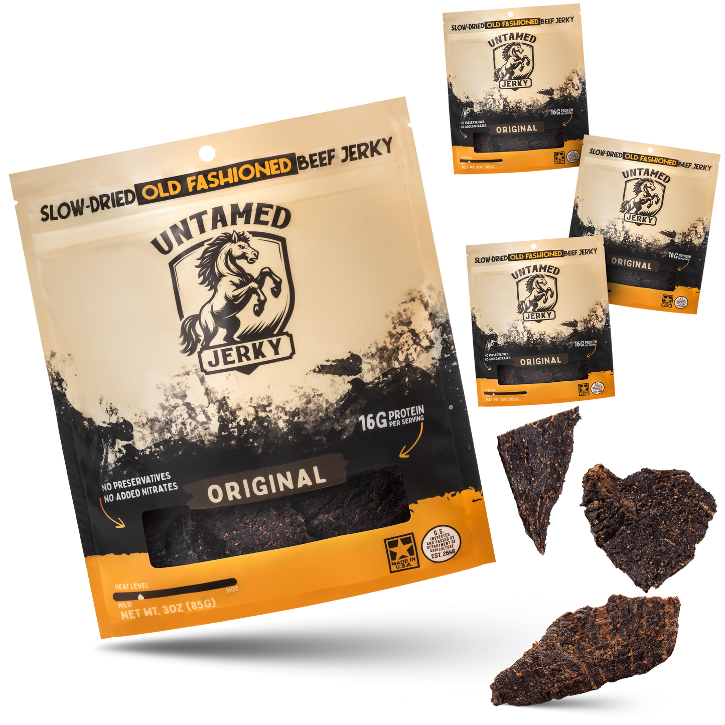 4 Pack of Untamed Jerky with little pieces on the bottom