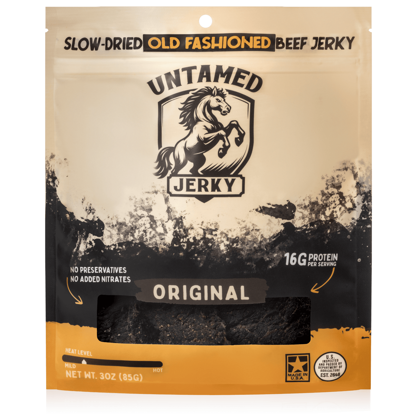 Package of Untamed Jerky with a horse logo on a beige and black background