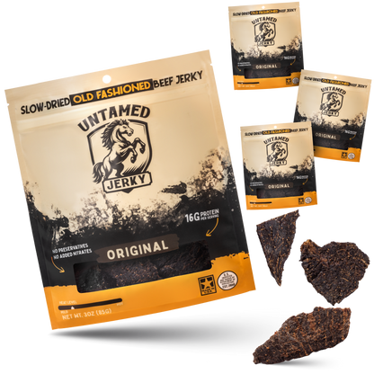 4 Pack of Untamed Jerky with little pieces on the bottom