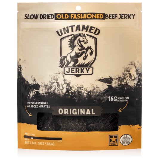 Package of Untamed Jerky with a horse logo on a beige and black background