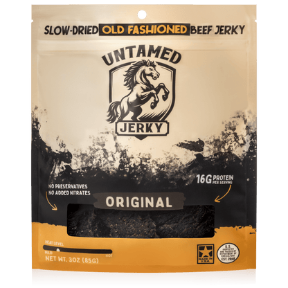 Package of Untamed Jerky with horse graphic and text on a beige background